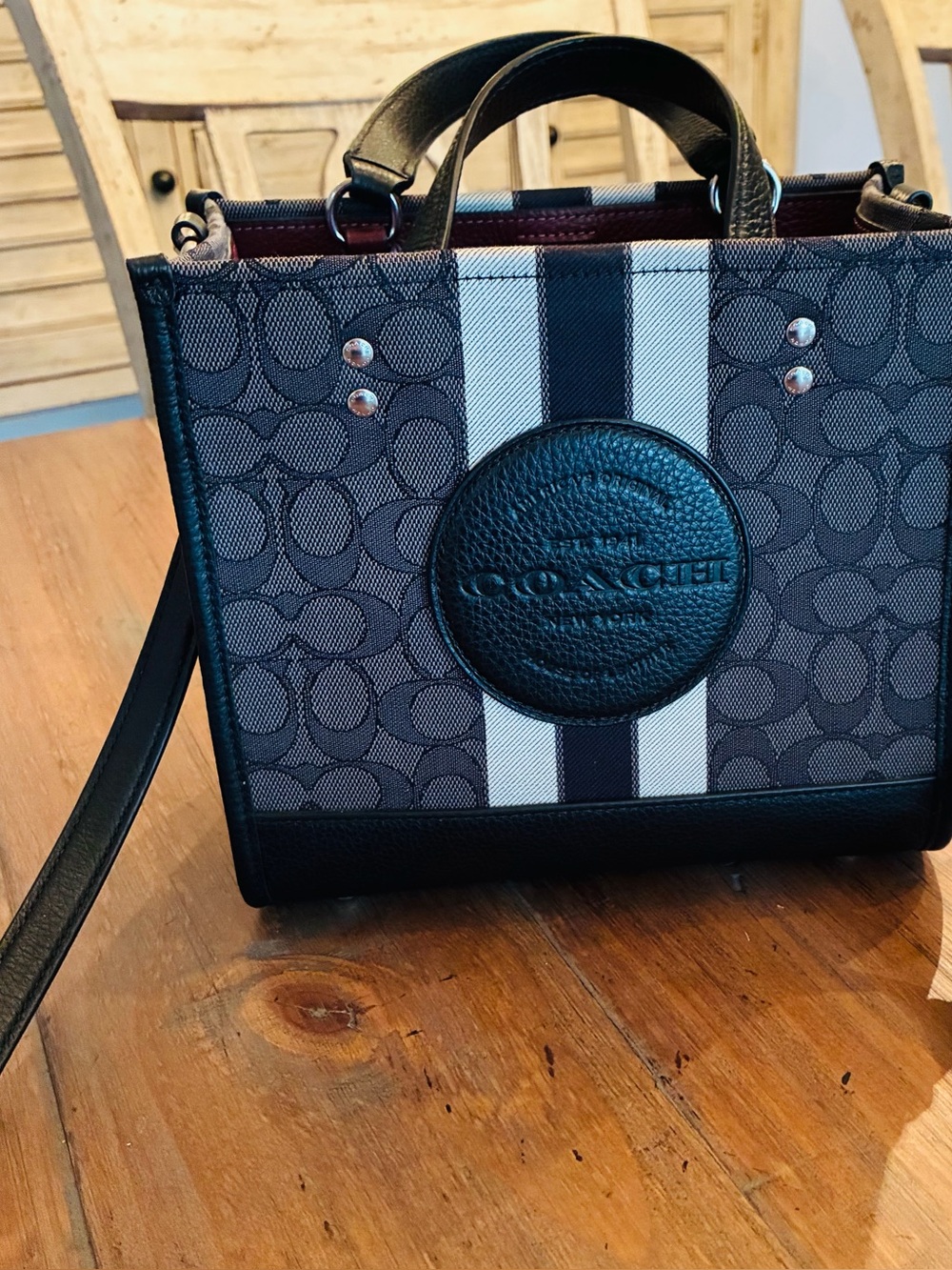 Coach Dempsey 22 tote small. Smoke/blk with logo canvas